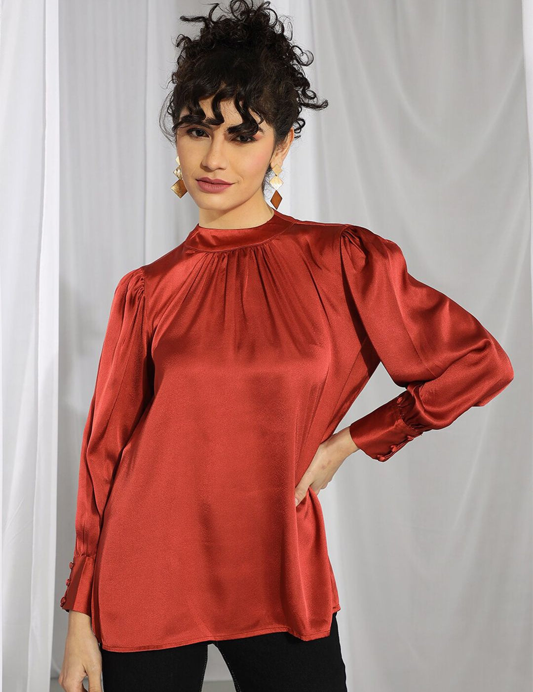 KOTTY BIZwear Rust-Coloured High Neck Bishop Sleeves Gathered Detail Satin Top