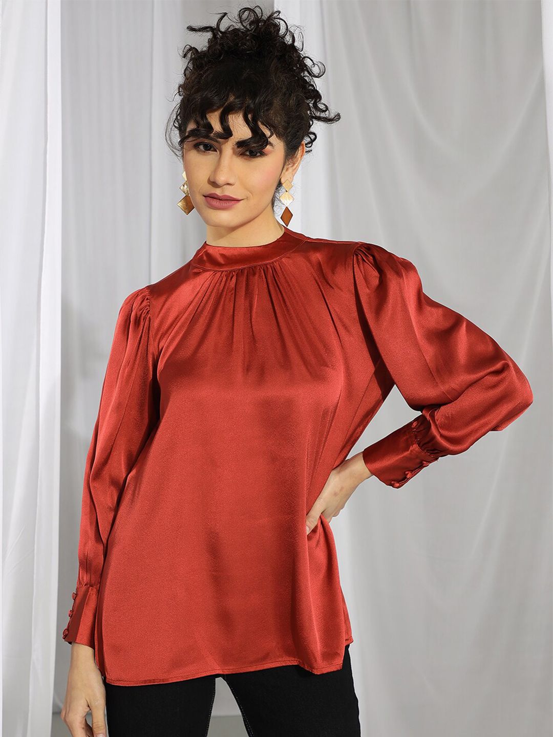 KOTTY BIZwear Rust-Coloured High Neck Bishop Sleeves Gathered Detail Satin Top