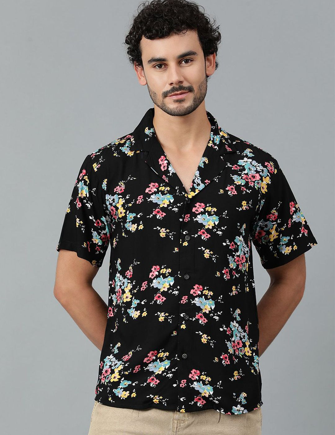 Kotty Men Cuban Collar Floral Printed Casual Shirt