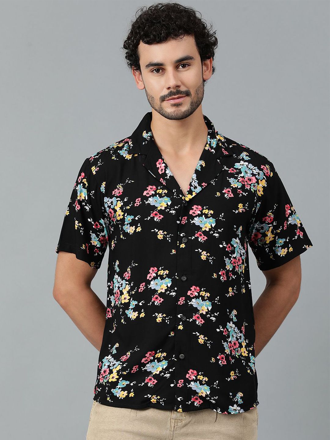 Kotty Men Cuban Collar Floral Printed Casual Shirt