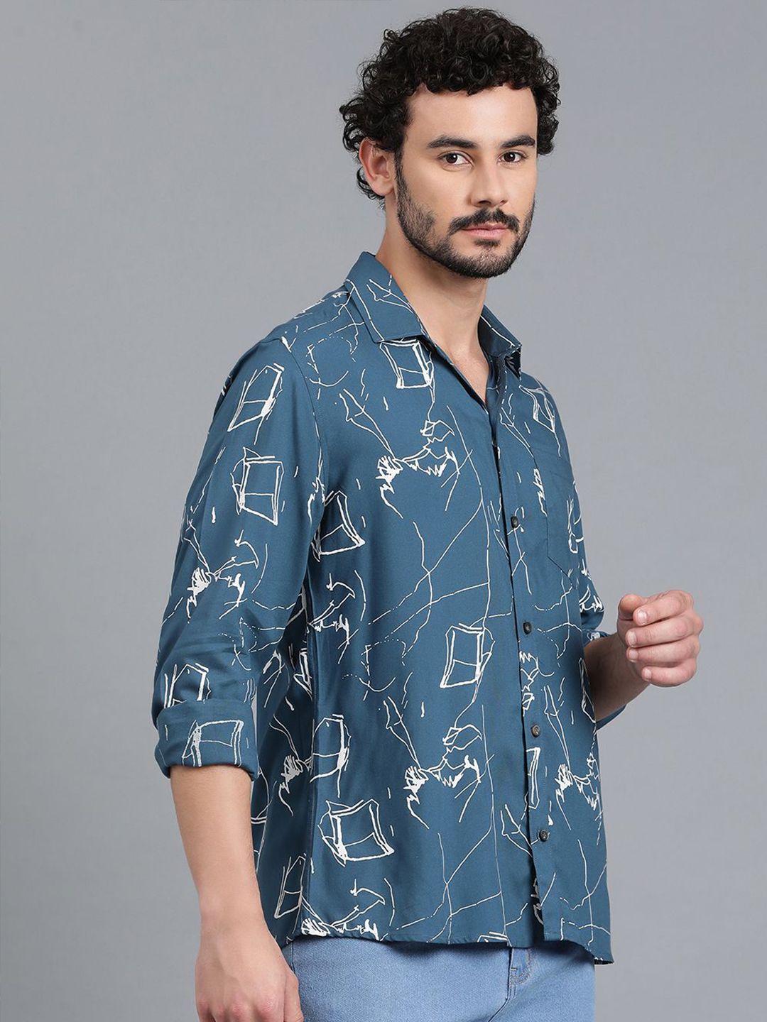 Kotty Men Abstract Printed Spread Collar Casual Shirt