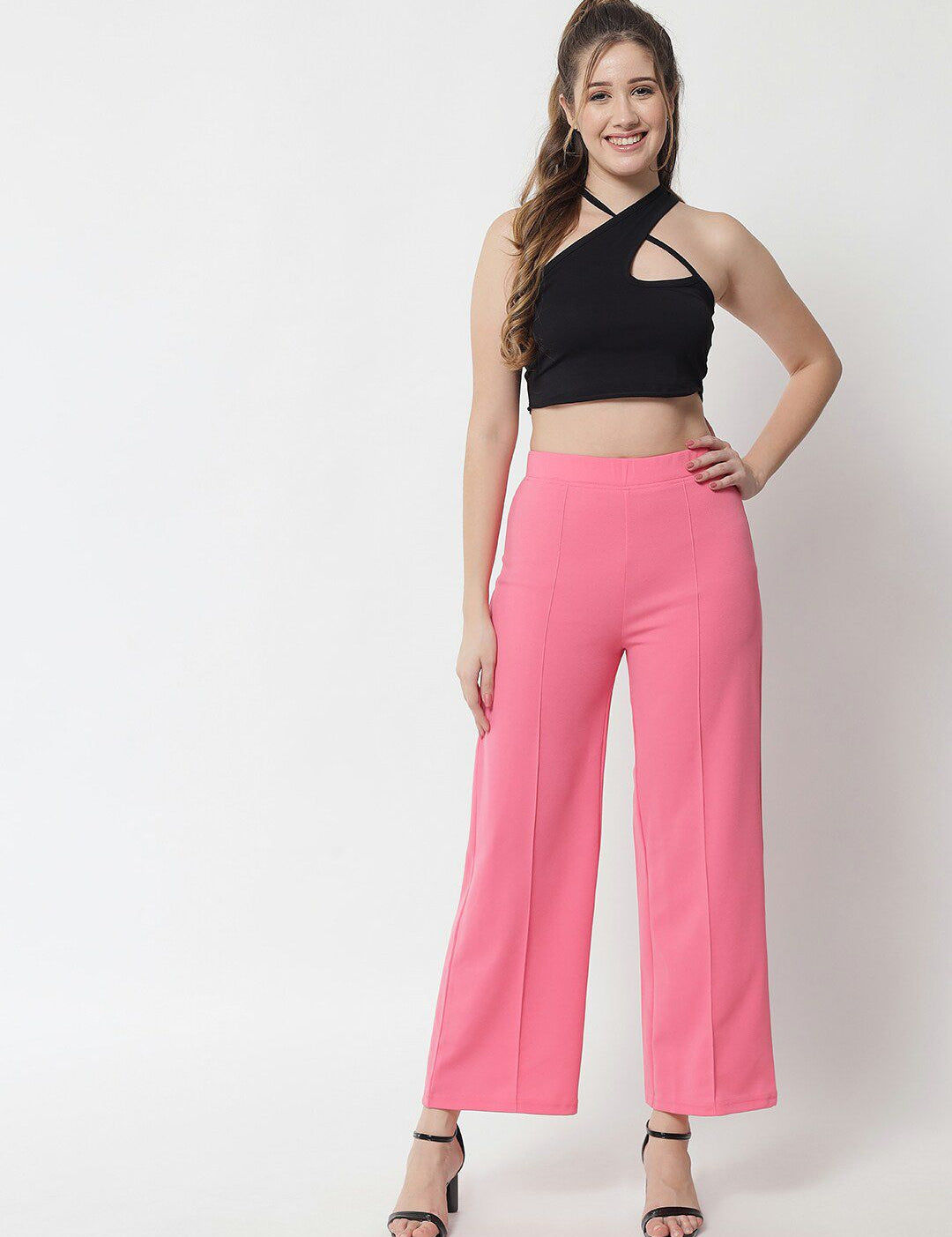 Kotty Women Pink Solid Relaxed Straight Fit High-Rise Parallel Trousers