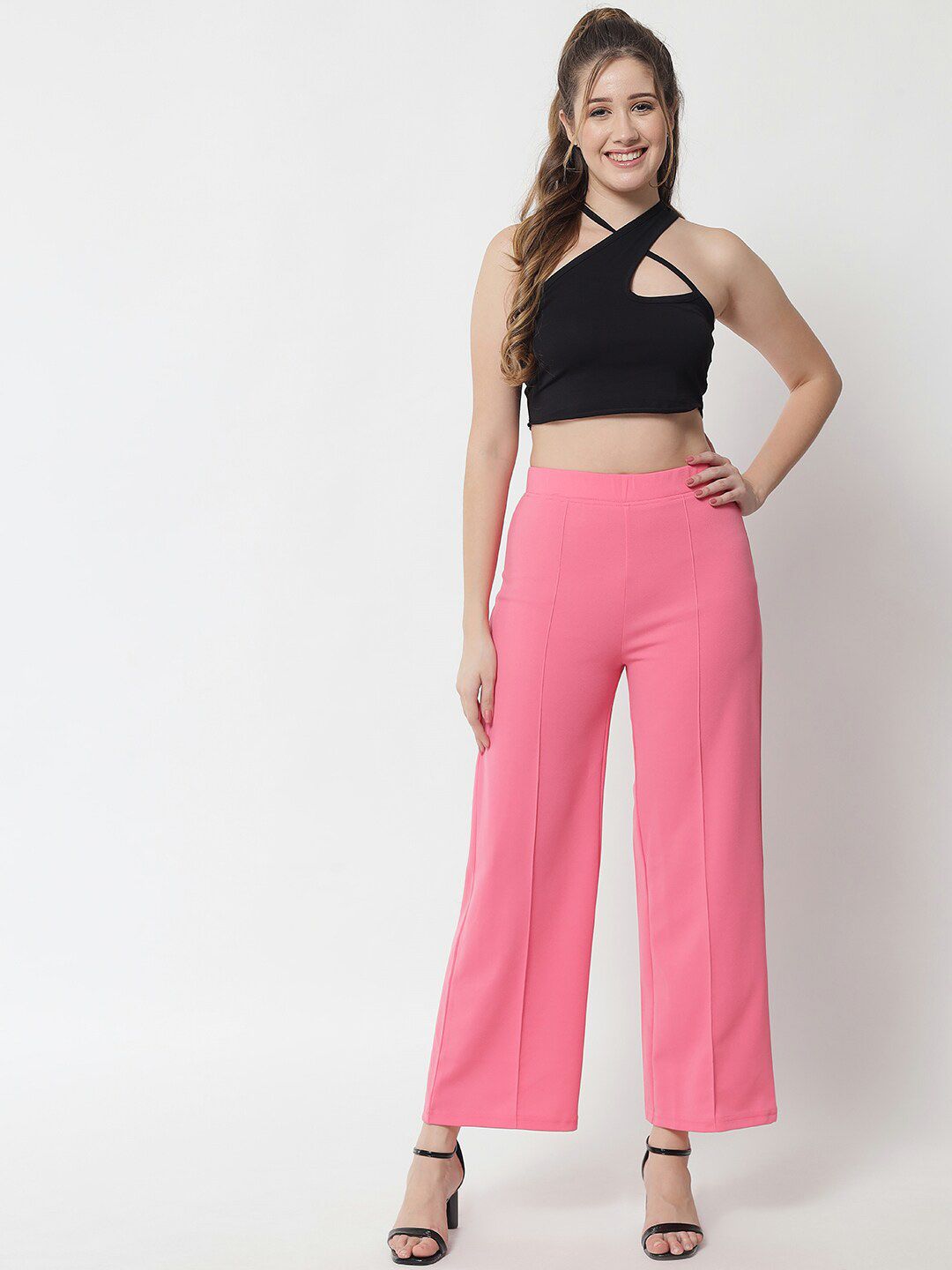 Kotty Women Pink Solid Relaxed Straight Fit High-Rise Parallel Trousers