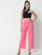 Kotty Women Pink Solid Relaxed Straight Fit High-Rise Parallel Trousers