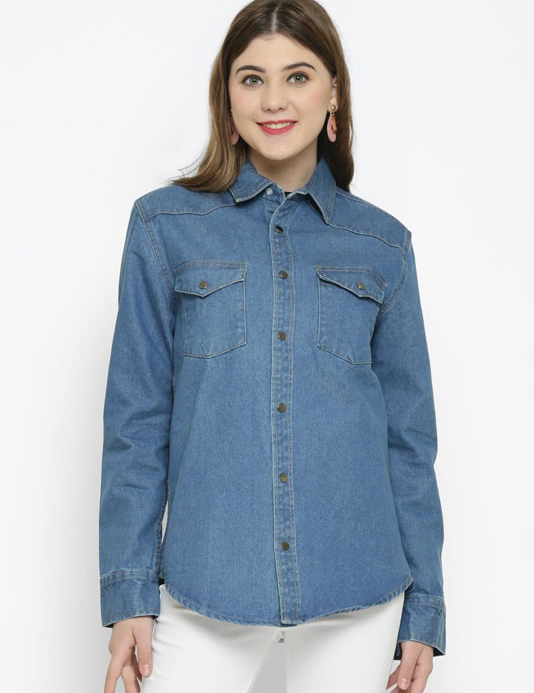 Kotty Women Blue Regular Fit Solid Denim Casual Shirt