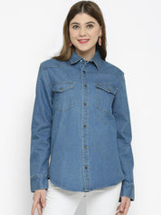 Kotty Women Blue Regular Fit Solid Denim Casual Shirt