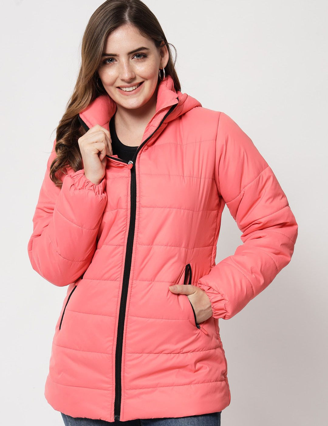 Kotty Women Pink Longline Hooded Puffer Jacket