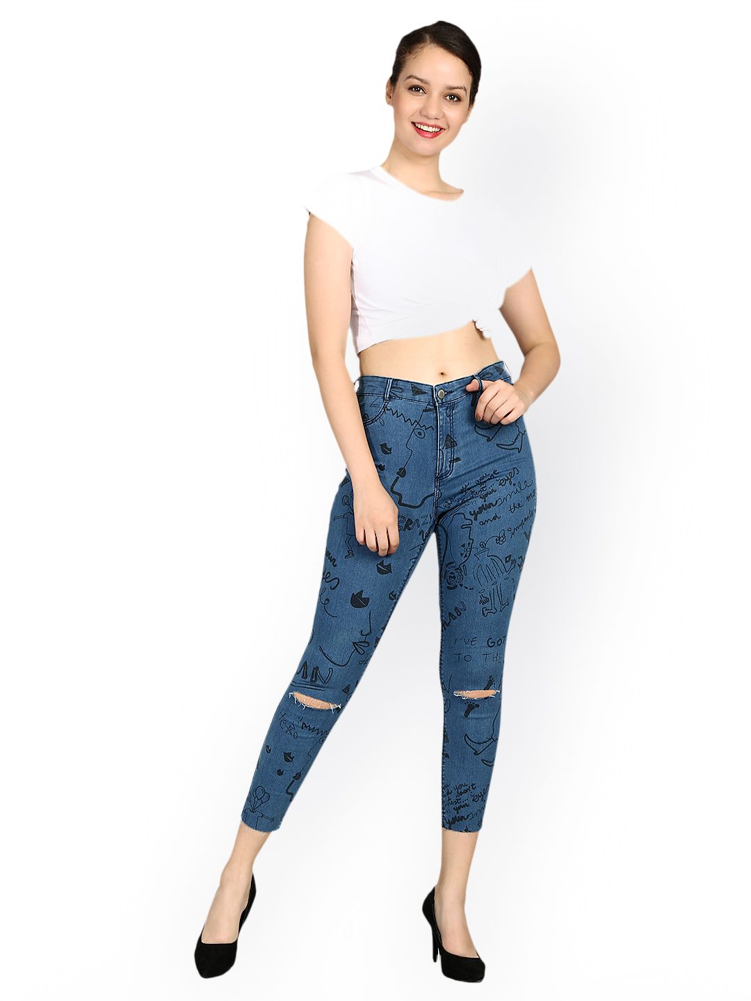 Kotty Women Blue Skinny Fit High-Rise Slash Knee Printed Stretchable Jeans