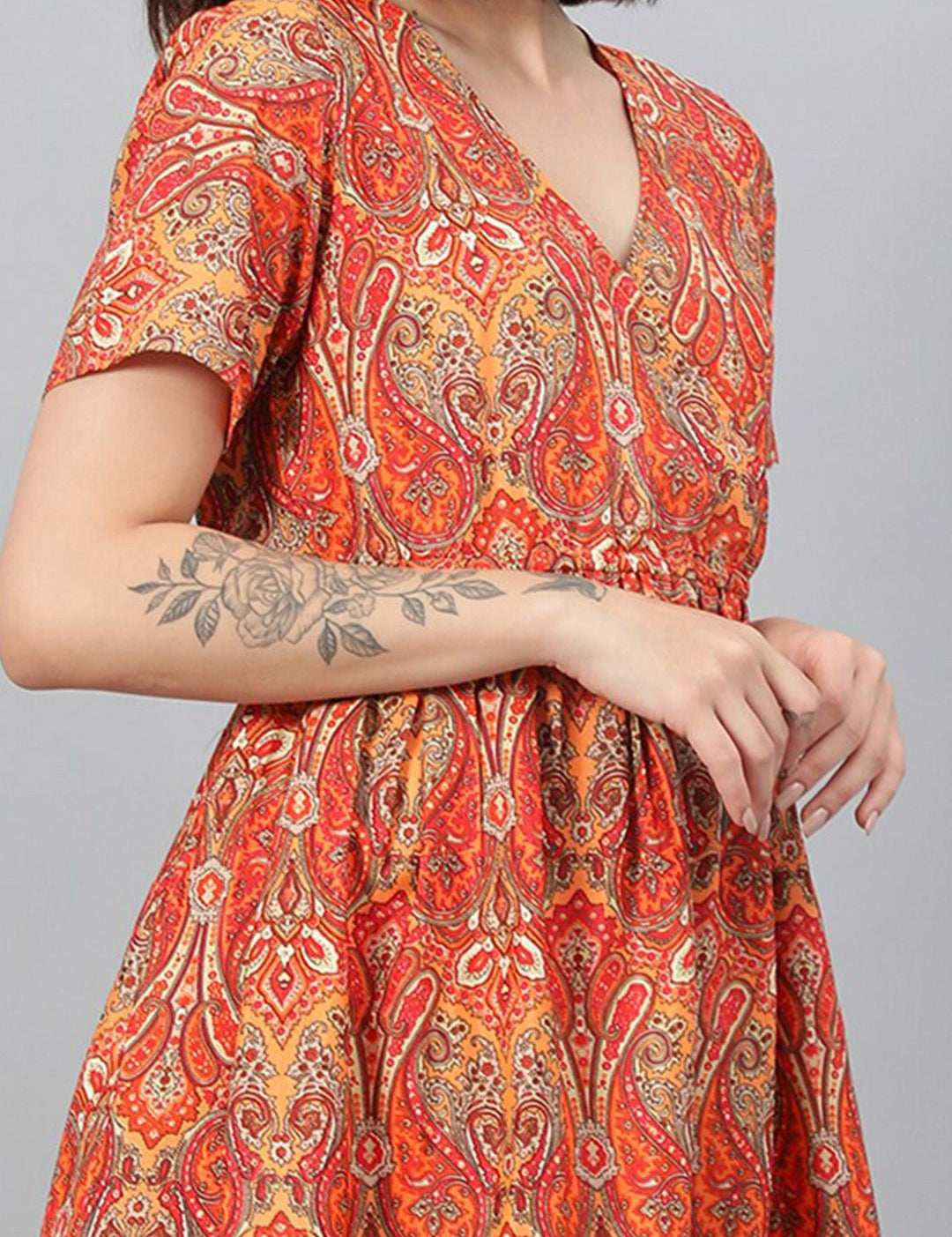 Kotty Orange Ethnic Motif Printed Fit & Flare Mini Dress