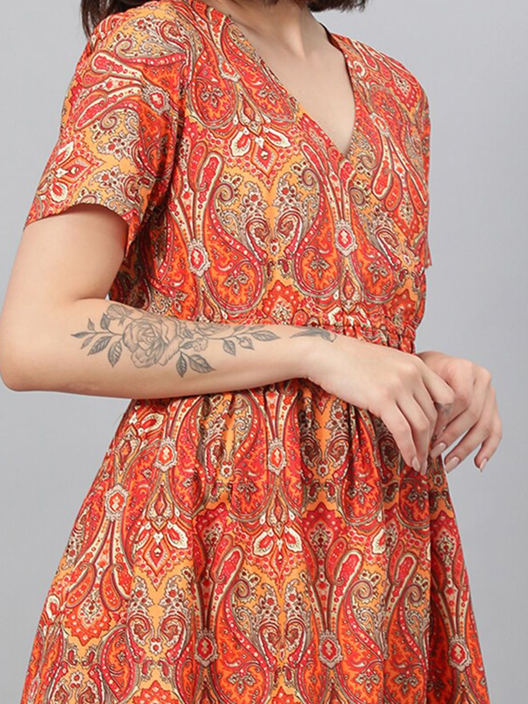 Kotty Orange Ethnic Motif Printed Fit & Flare Mini Dress