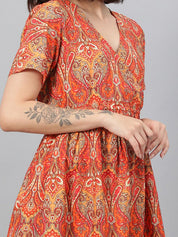 Kotty Orange Ethnic Motif Printed Fit & Flare Mini Dress