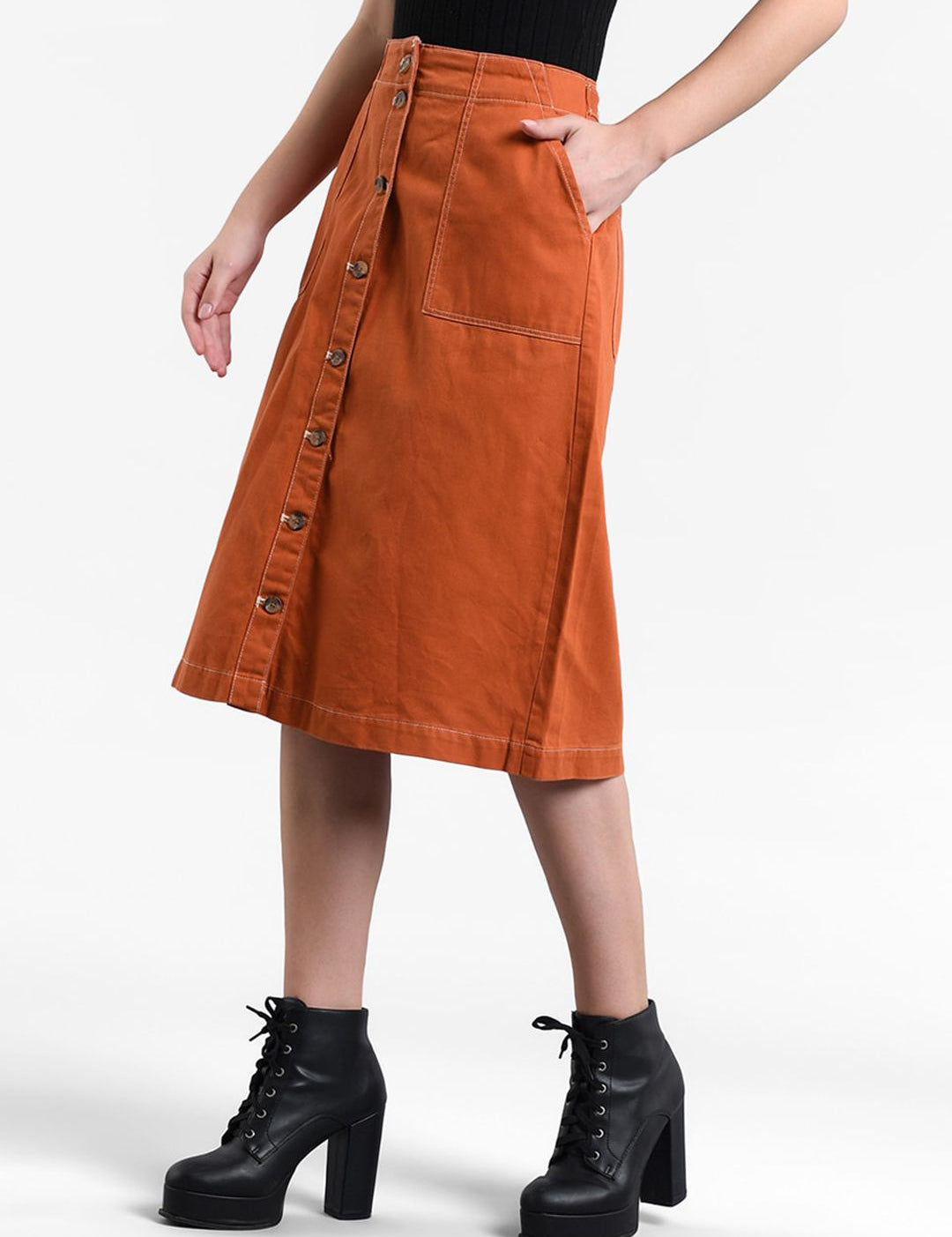 Kotty Women Orange Solid A-Line Denim Skirt
