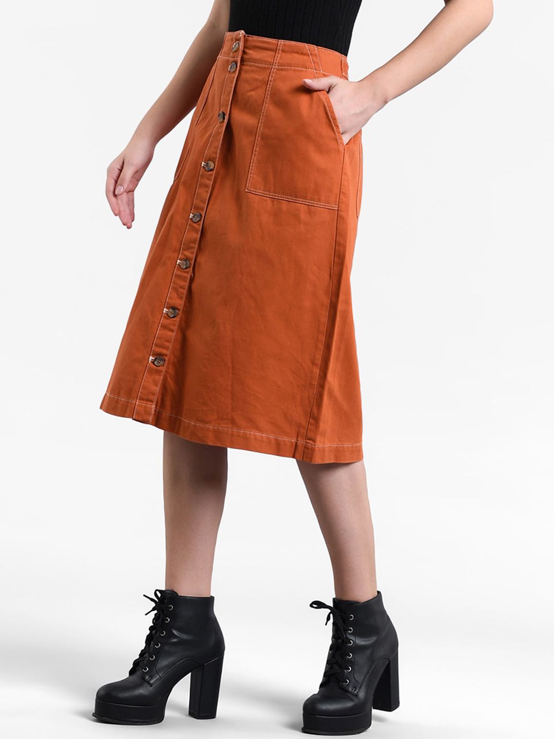 Kotty Women Orange Solid A-Line Denim Skirt