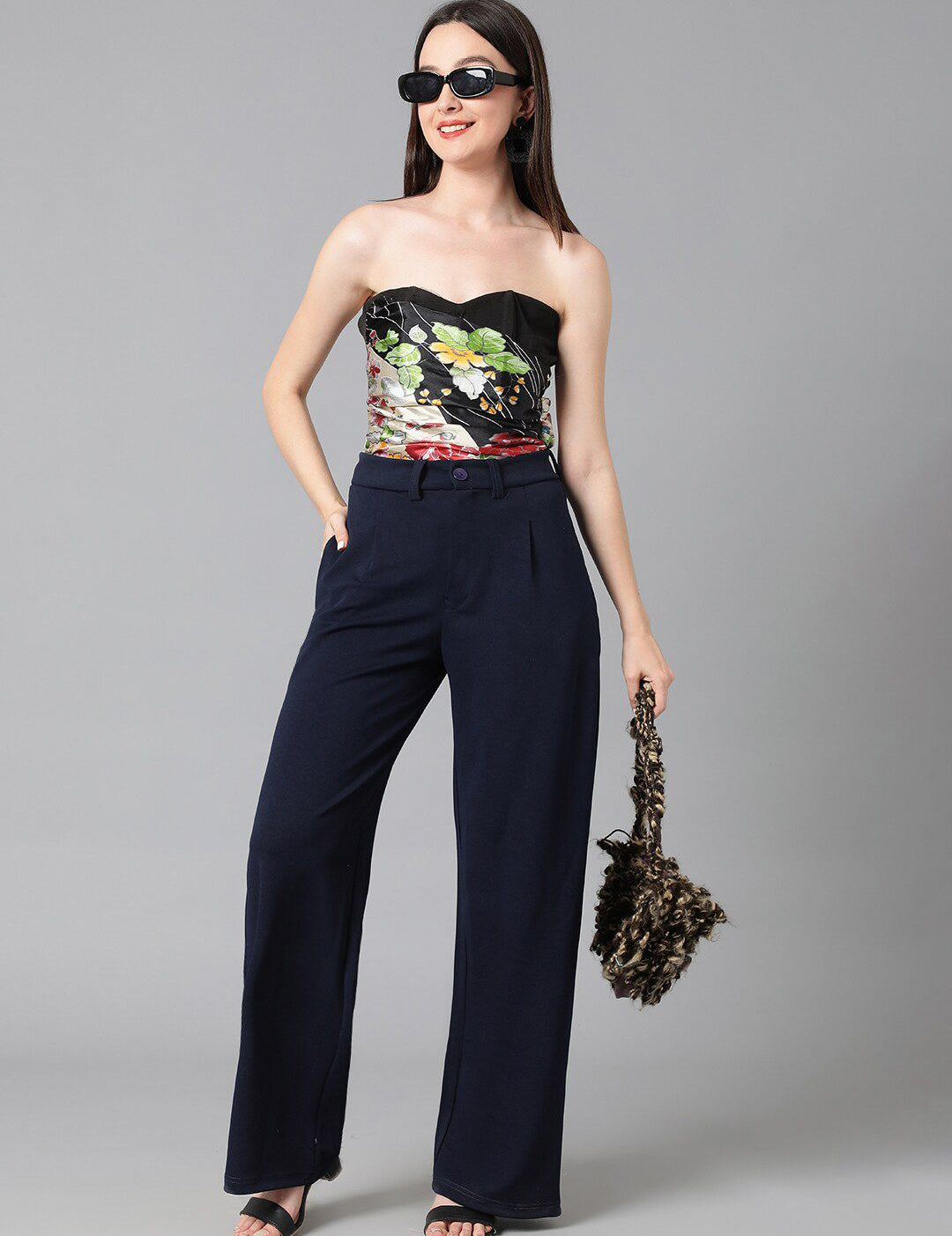 KOTTY BIZwear Women Navy Blue Relaxed Straight Leg  High-Rise Easy Wash Pleated Parallel Trousers