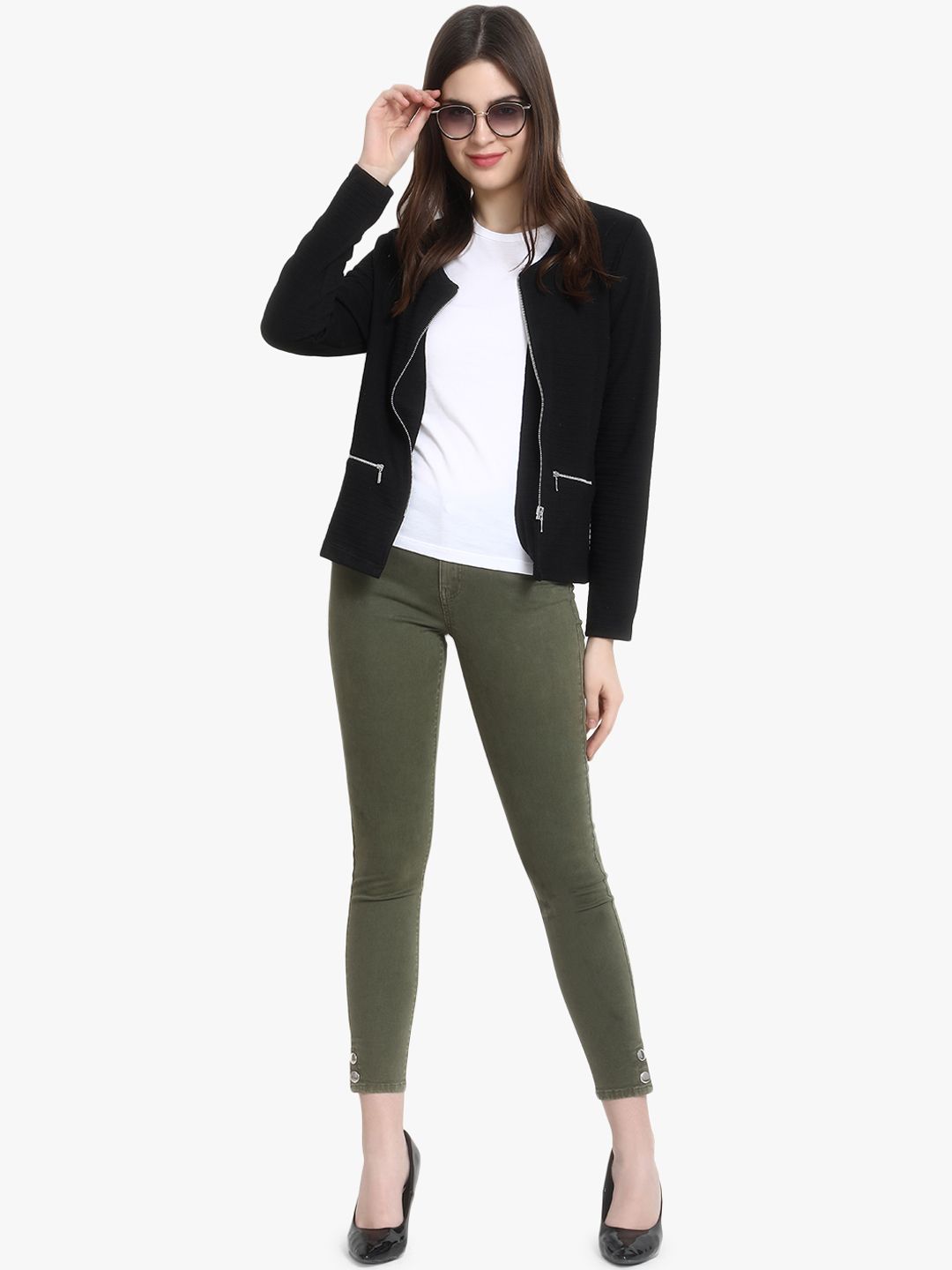 Kotty Women Black Self Design Lightweight Tailored Jacket