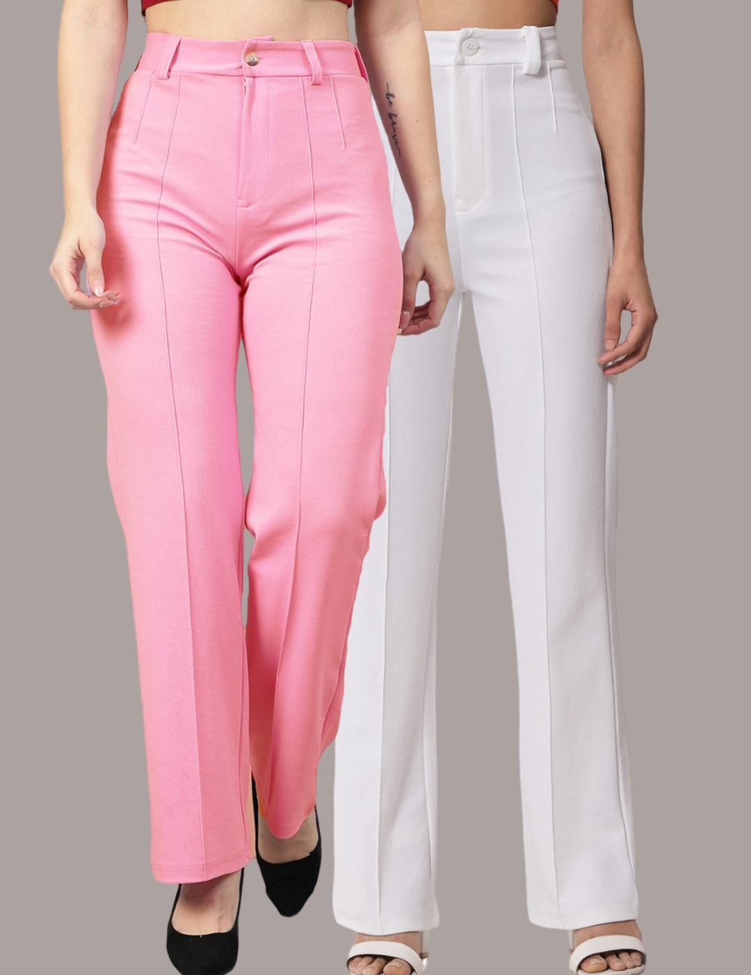 Kotty Women Pack Of 2 Relaxed Straight Leg Fit High-Rise Easy Wash Trousers