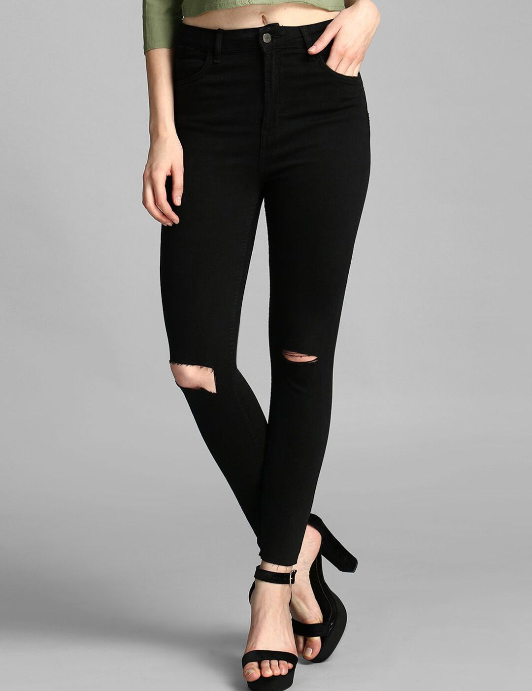 Kotty Women Black Skinny Fit High-Rise Slash Knee Jeans