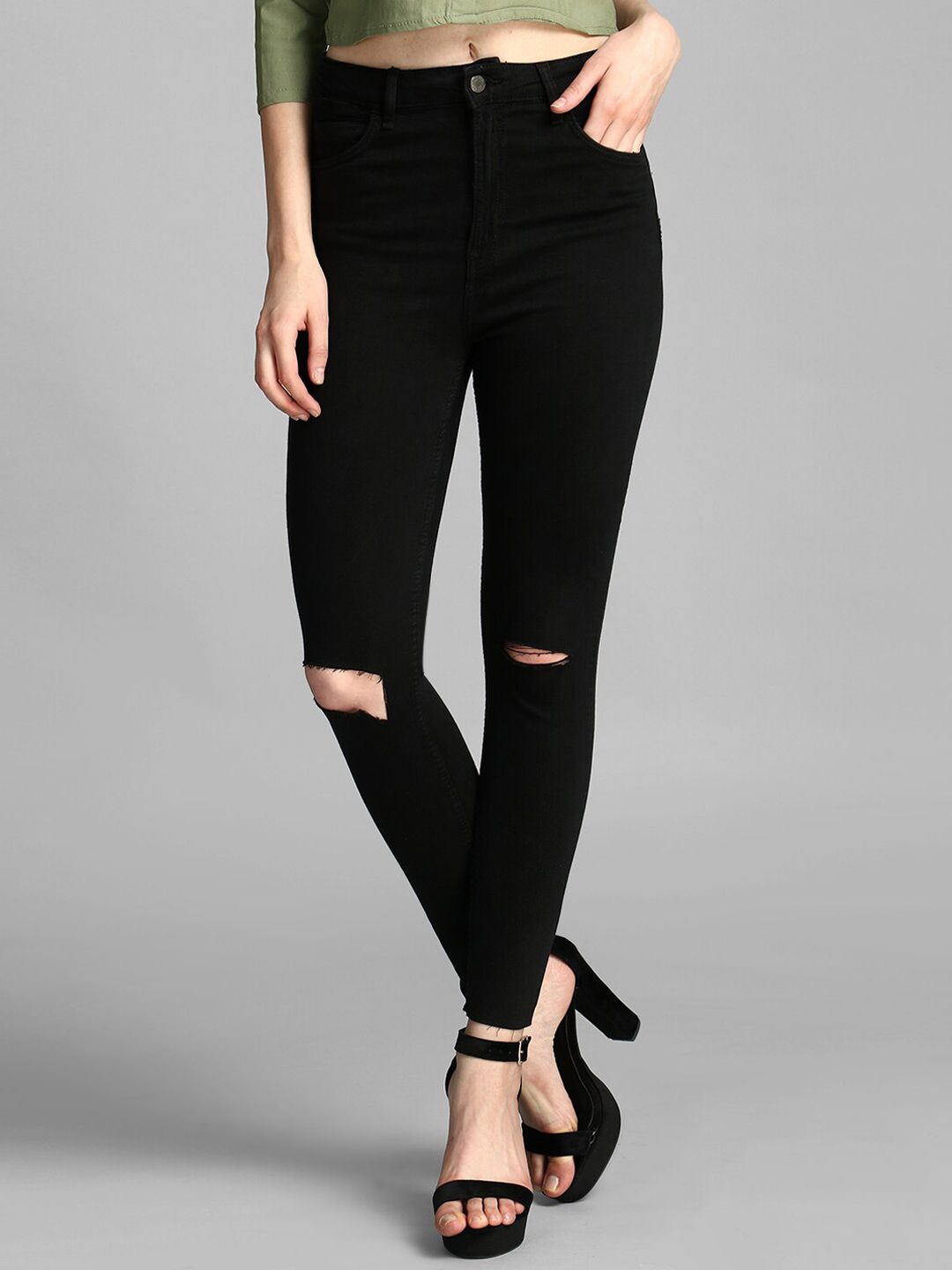 Kotty Women Black Skinny Fit High-Rise Slash Knee Jeans