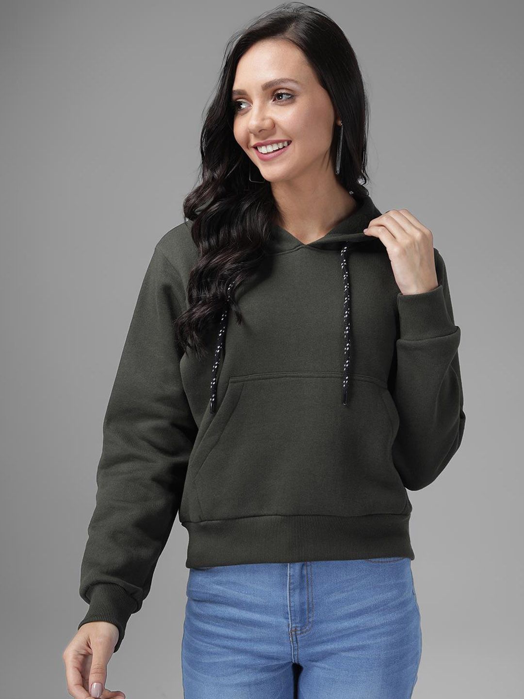 Kotty Women Olive Green Solid Hooded Sweatshirt