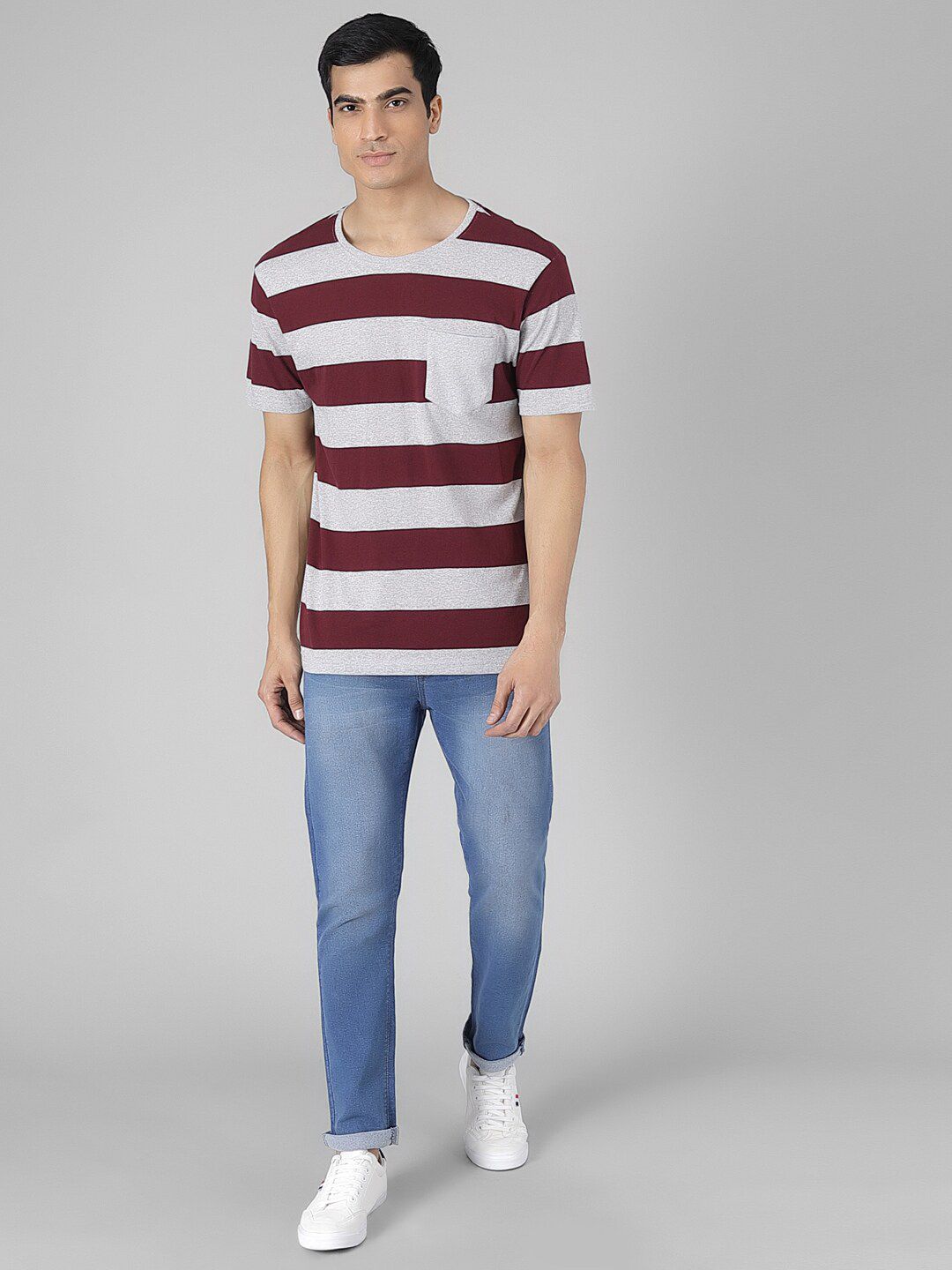 Kotty Men Coffee Brown & Grey Striped Round Neck T-shirt