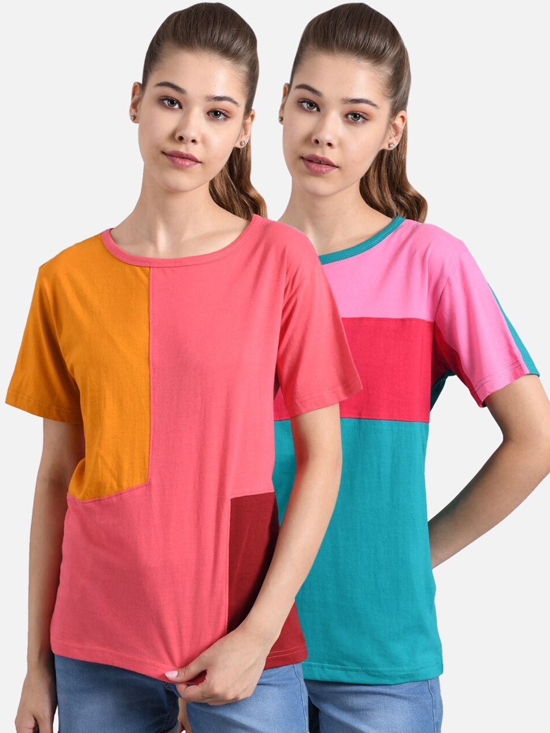 Kotty Women Multicoloured Pack of 2 Colourblocked Round Neck T-shirt
