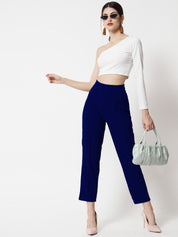 Kotty Women Blue Comfort Straight Fit High-Rise Easy Wash Pleated Trousers