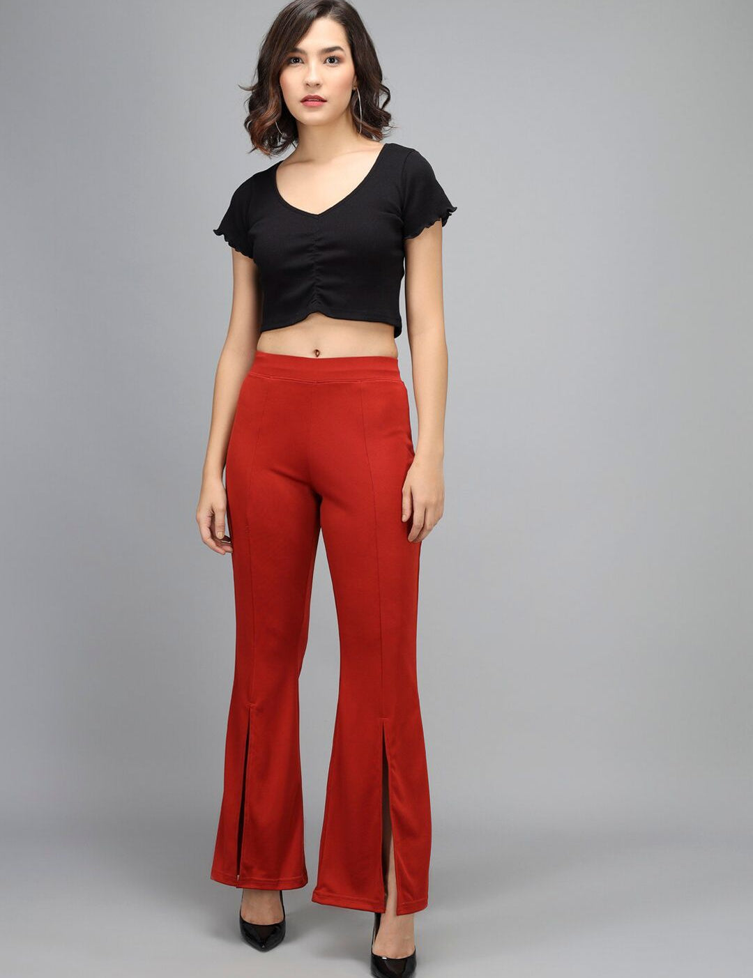 Kotty Women Maroon Flared High-Rise Bootcut Trousers