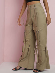 Kotty Women Solid Relaxed Straight Fit Mid-Rise Cargo Trousers