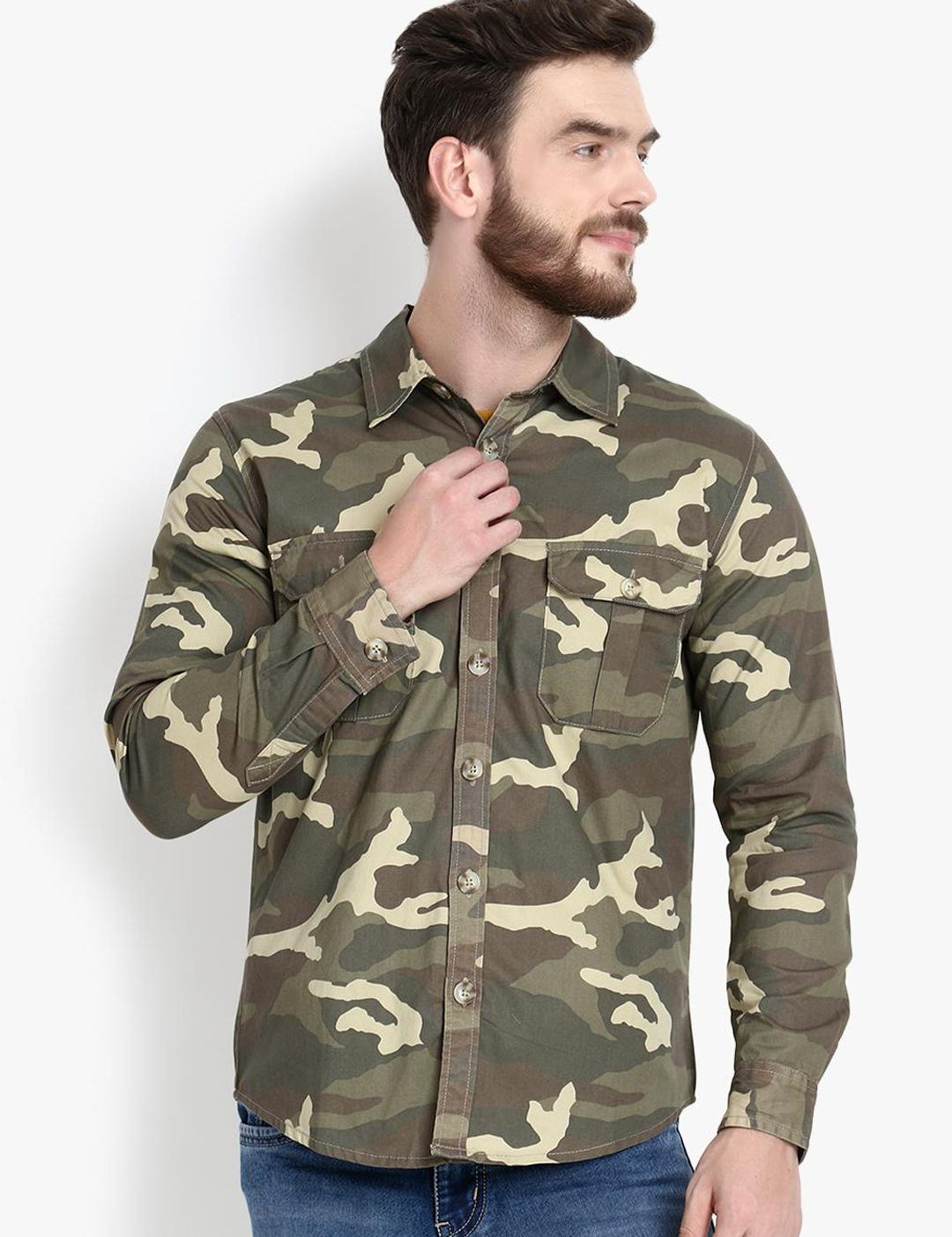 Kotty Men Olive Green Regular Fit Printed Casual Shirt