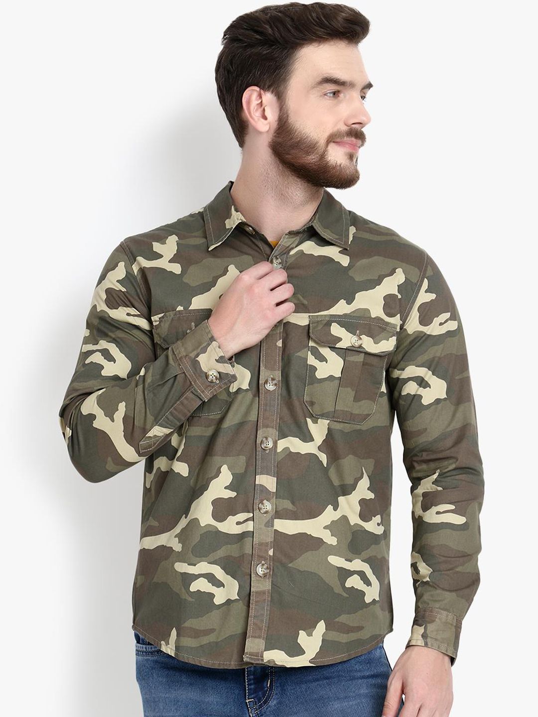 Kotty Men Olive Green Regular Fit Printed Casual Shirt