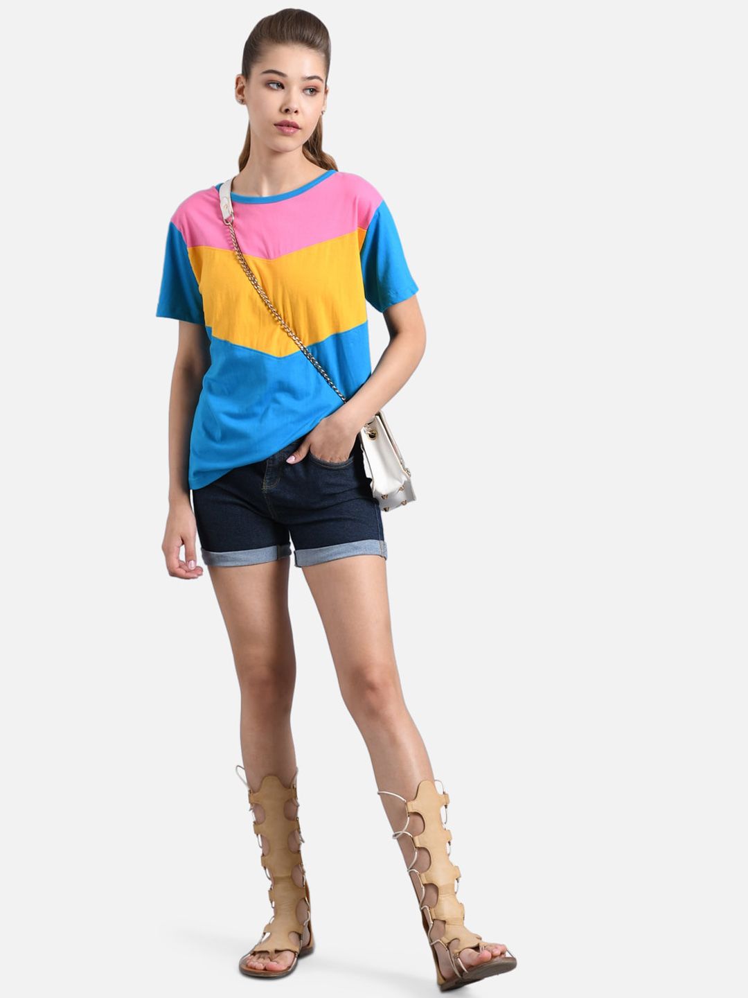 Kotty Women Blue & Yellow Colourblocked Round Neck T-shirt