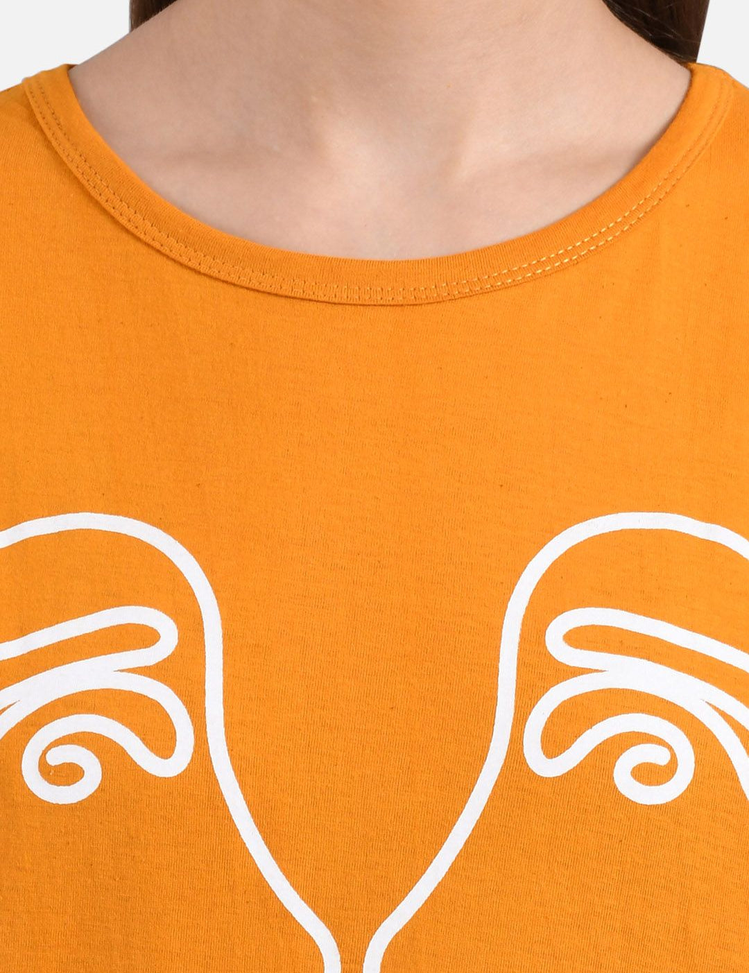 Kotty Women Mustard Yellow Printed Round Neck T-shirt