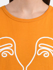 Kotty Women Mustard Yellow Printed Round Neck T-shirt