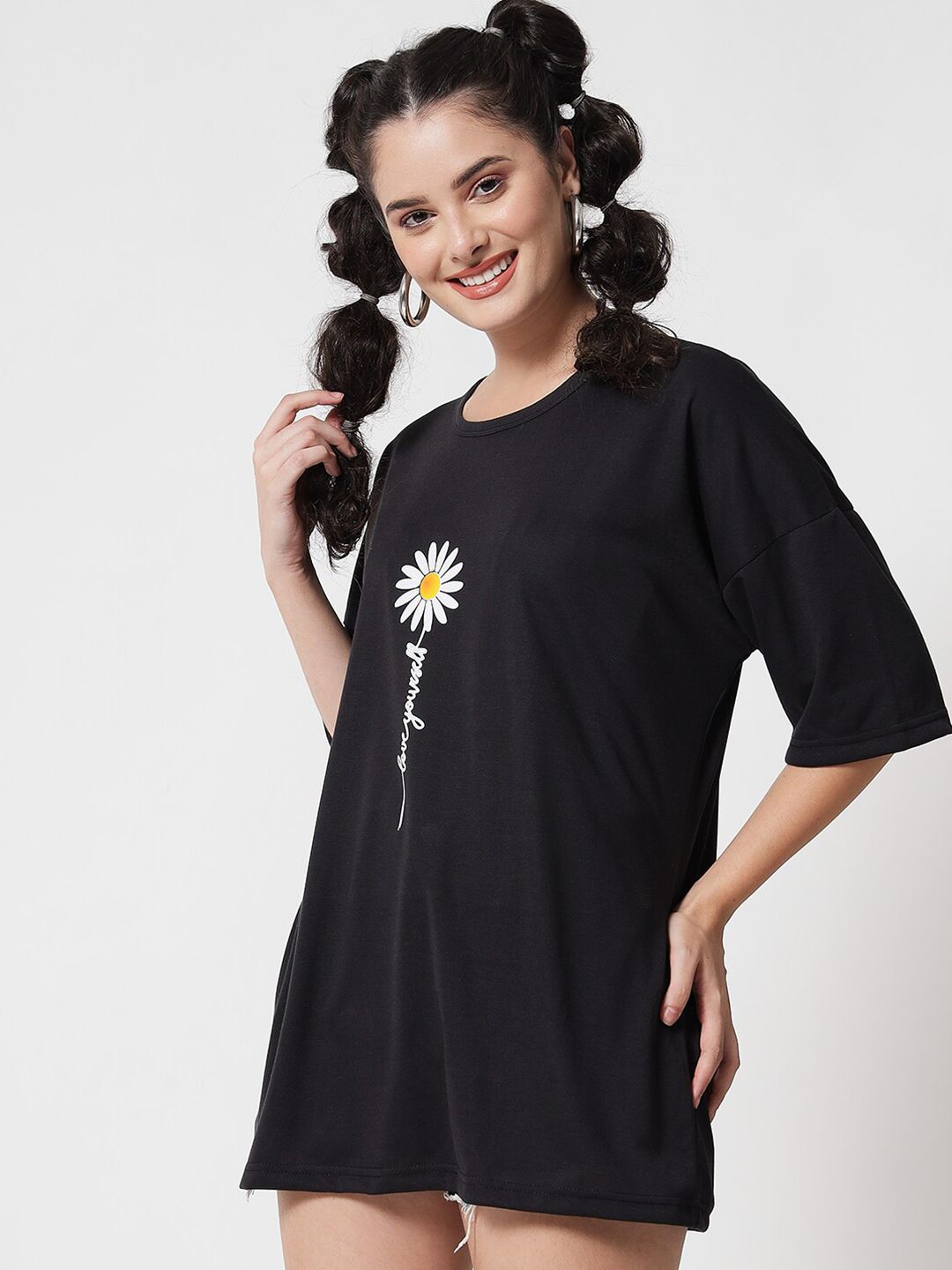 Kotty Women Black Typography Printed Drop-Shoulder Sleeves Applique Oversized T-shirt