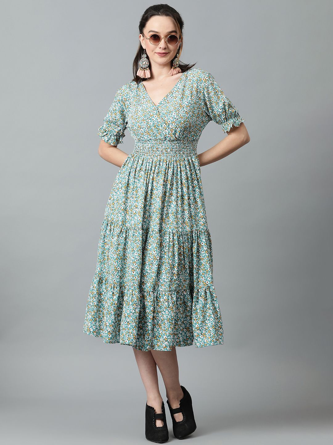 Kotty Floral Printed V-Neck Puff Sleeve Layered Crepe Fit & Flare Midi Dress