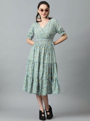 Kotty Floral Printed V-Neck Puff Sleeve Layered Crepe Fit & Flare Midi Dress