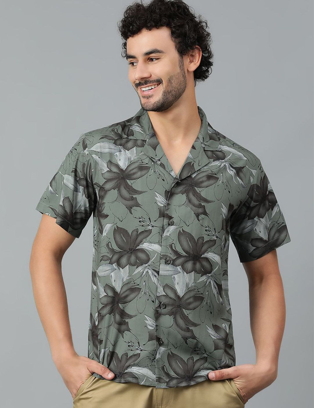 Kotty Men Cuban Collar Floral Printed Casual Shirt