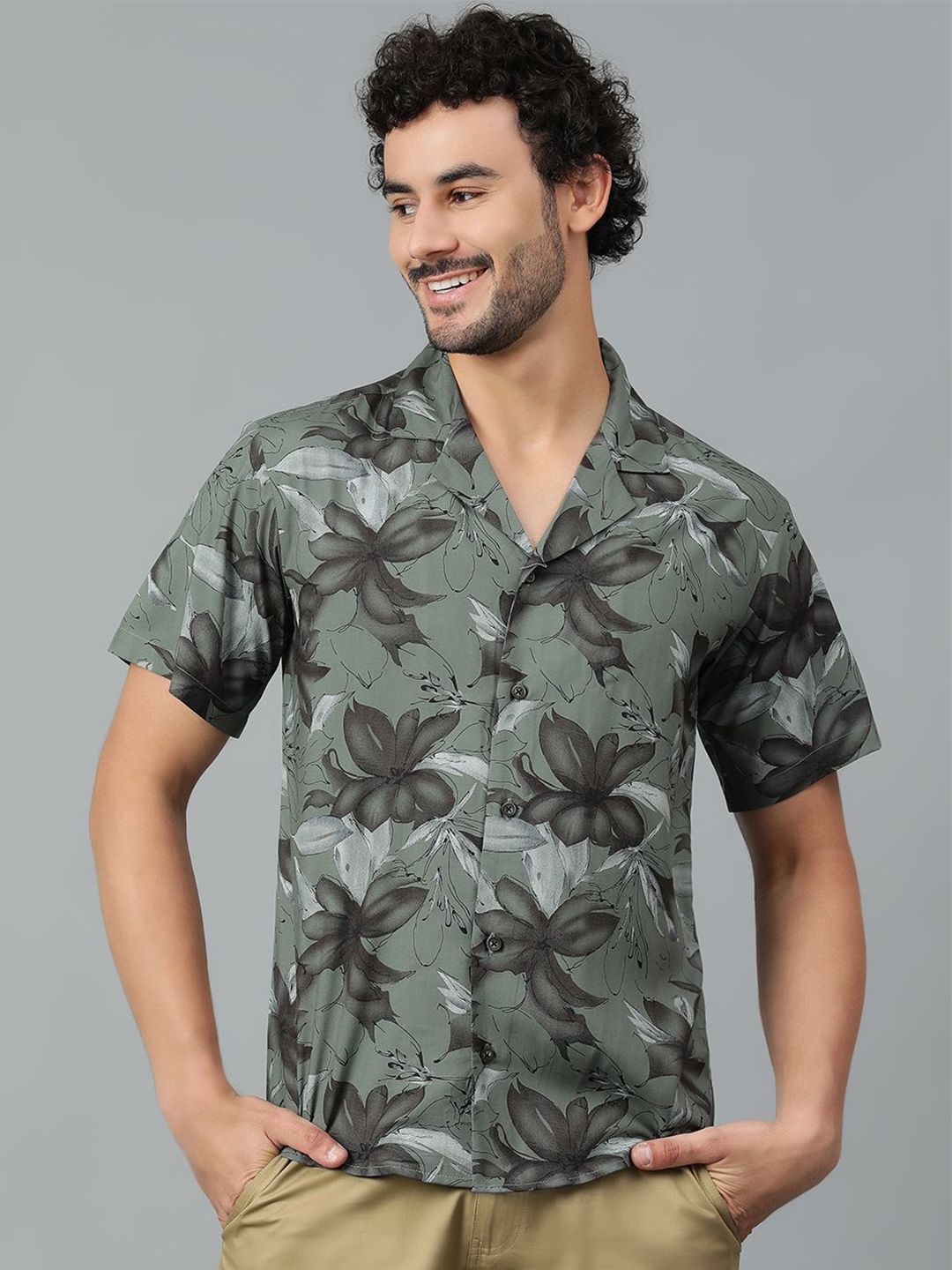 Kotty Men Cuban Collar Floral Printed Casual Shirt