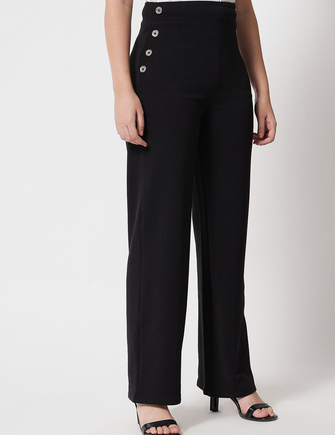 Kotty Women Black Relaxed Straight Fit High-Rise Easy Wash Trousers