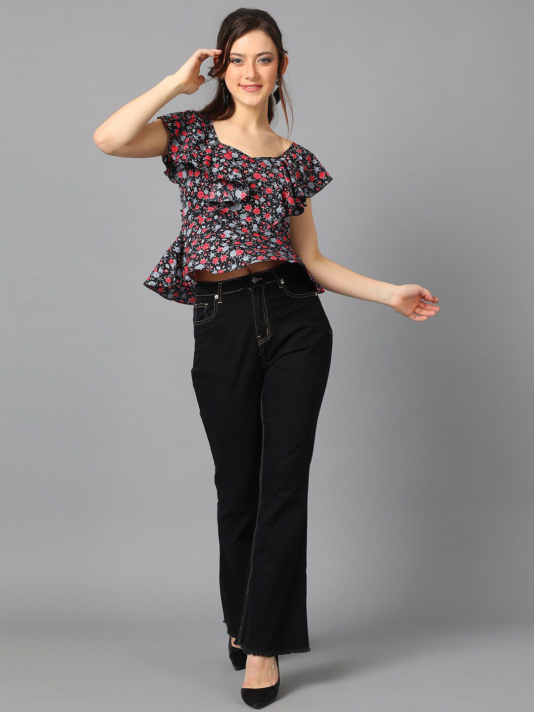 Kotty Black Floral Printed Sweetheart Neck Flutter Sleeve Peplum Top