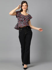 Kotty Black Floral Printed Sweetheart Neck Flutter Sleeve Peplum Top