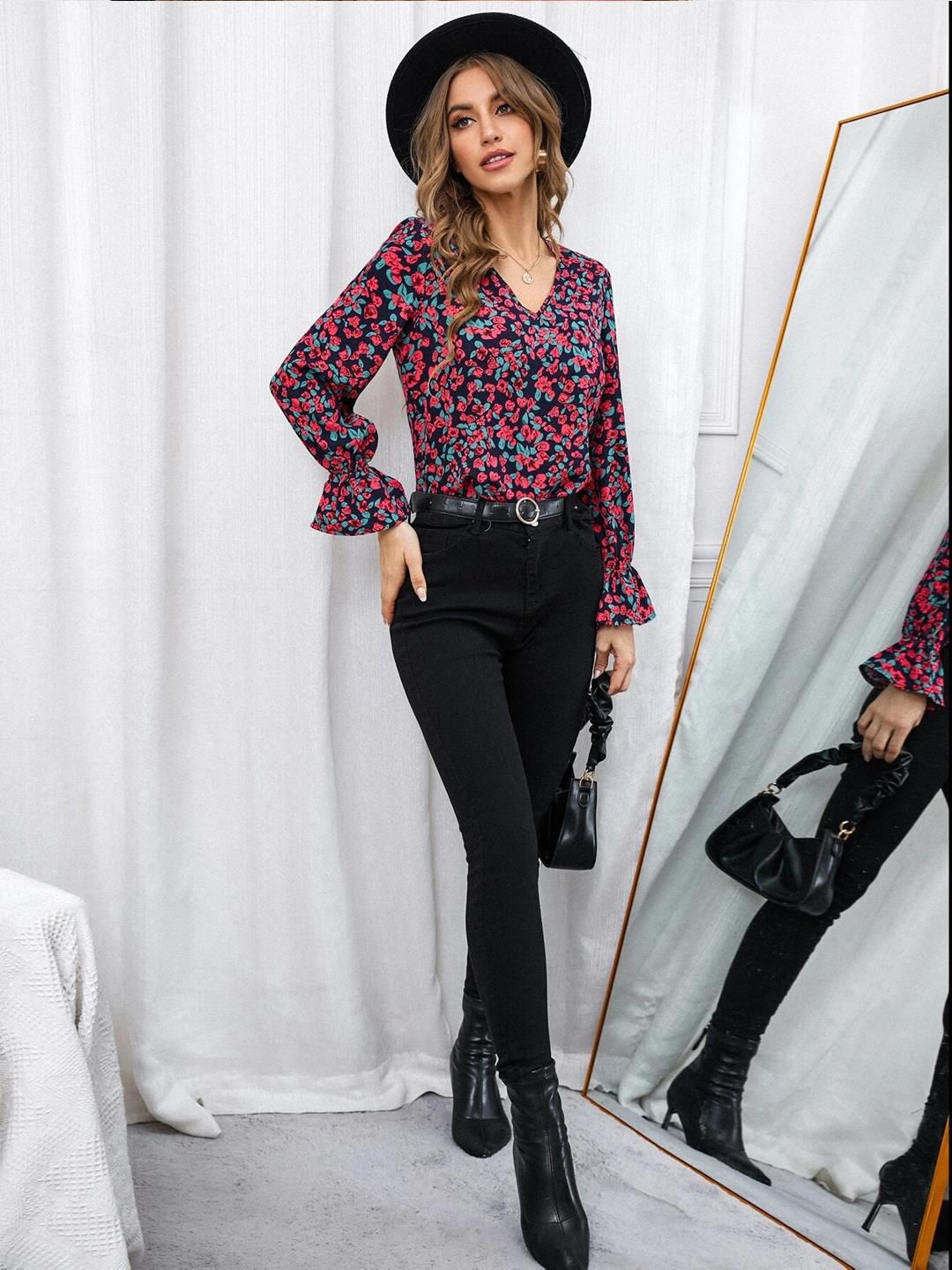 Kotty Navy Blue & Red Floral Print Bell Sleeve Satin Top