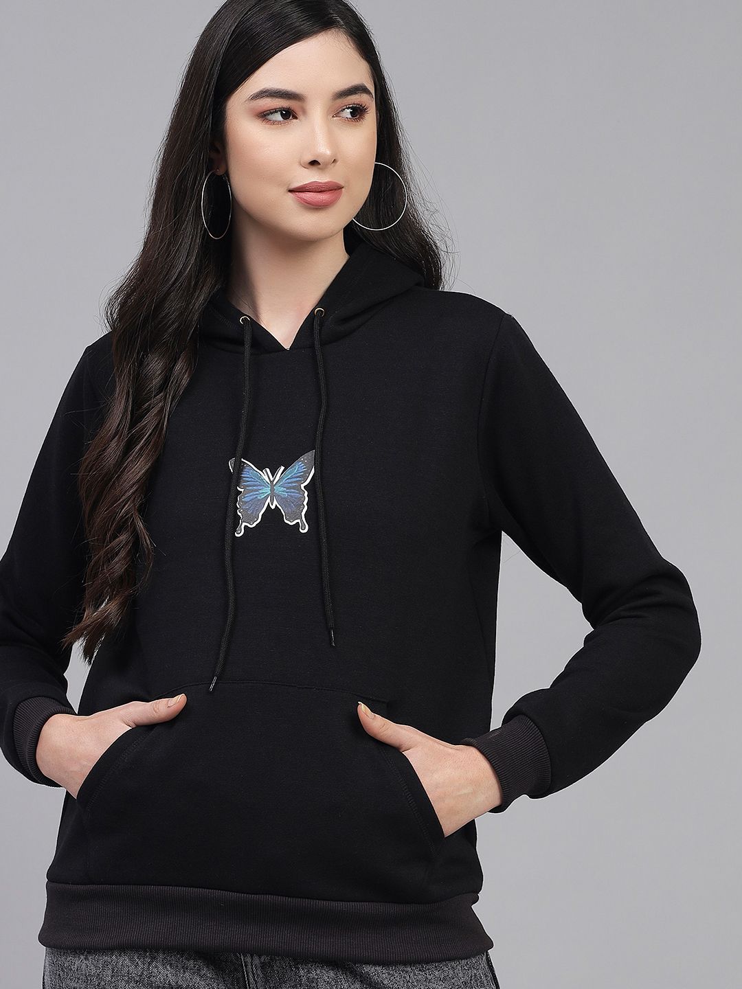 Kotty Women Black Printed Hooded Sweatshirt