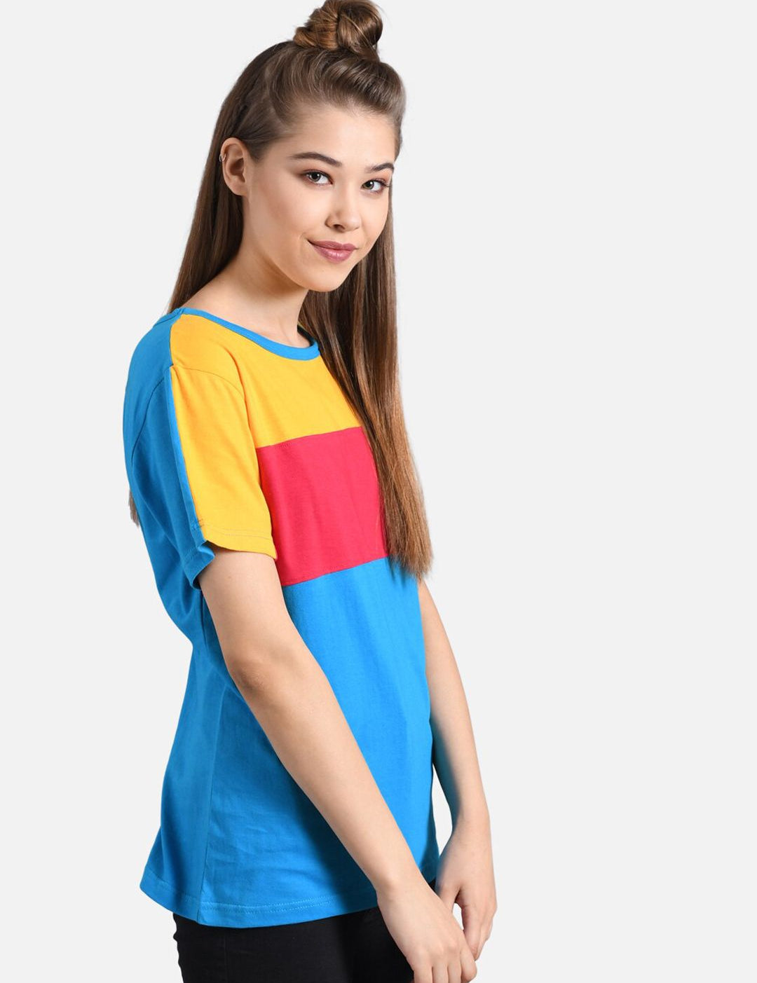 Kotty Women Blue & Yellow Colourblocked Round Neck T-shirt