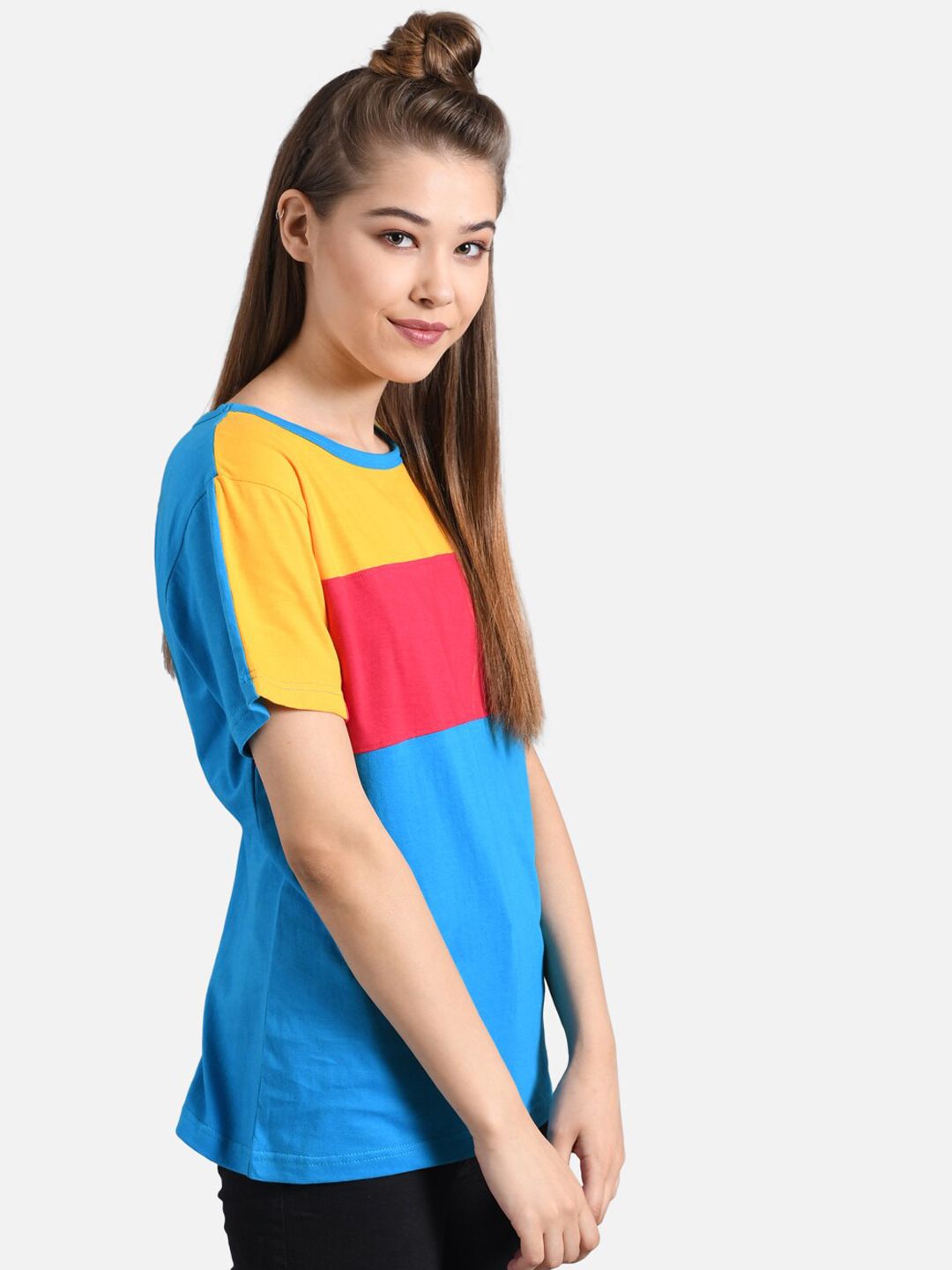 Kotty Women Blue & Yellow Colourblocked Round Neck T-shirt