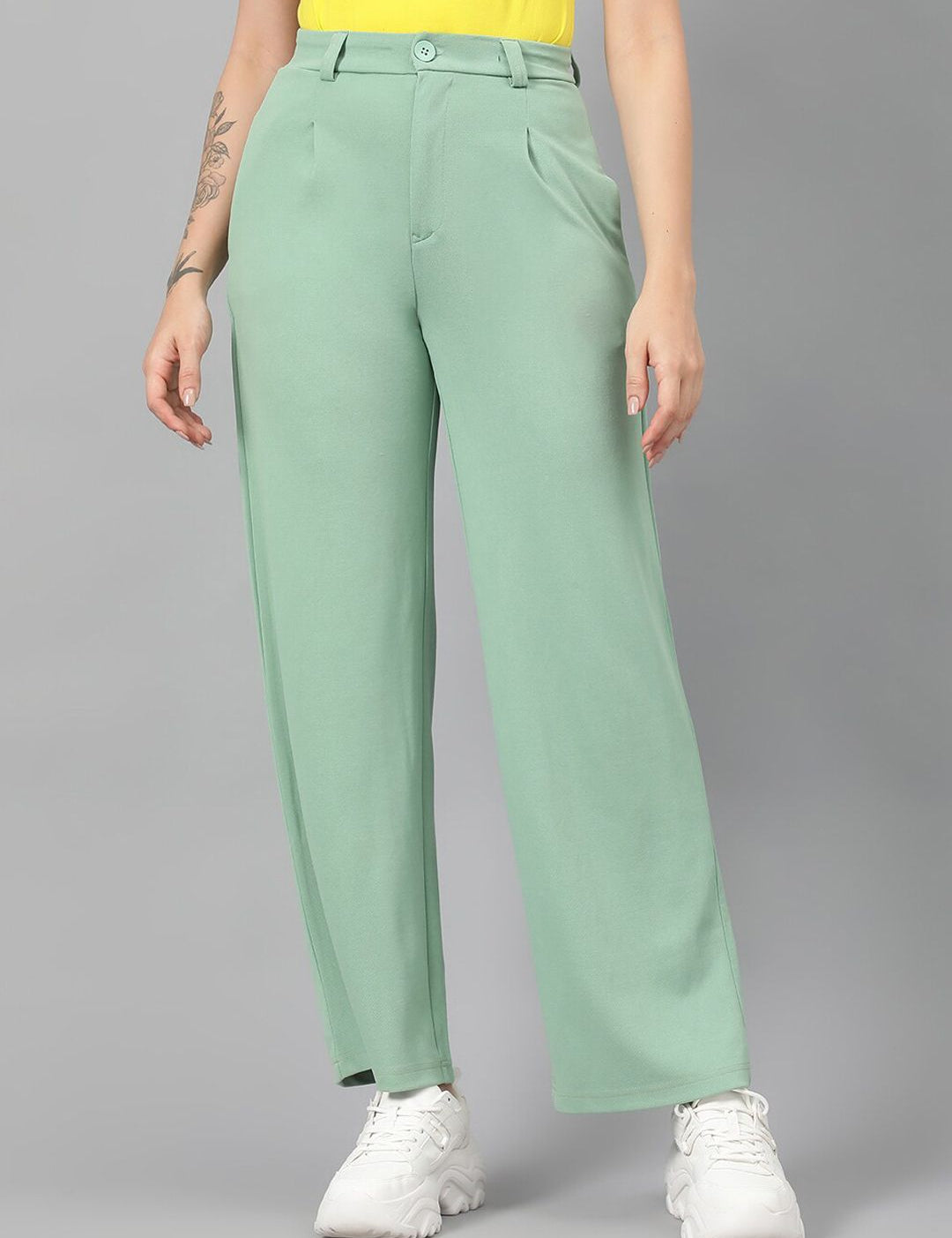 Kotty Women Green Relaxed Straight Leg Fit High-Rise Easy Wash Parallel Trousers