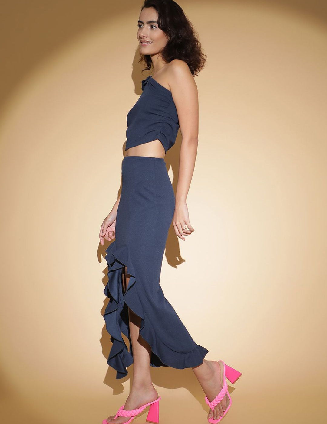 Kotty Navy Blue One Shoulder Top With Skirt  