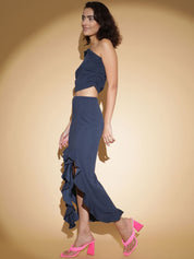 Kotty Navy Blue One Shoulder Top With Skirt  