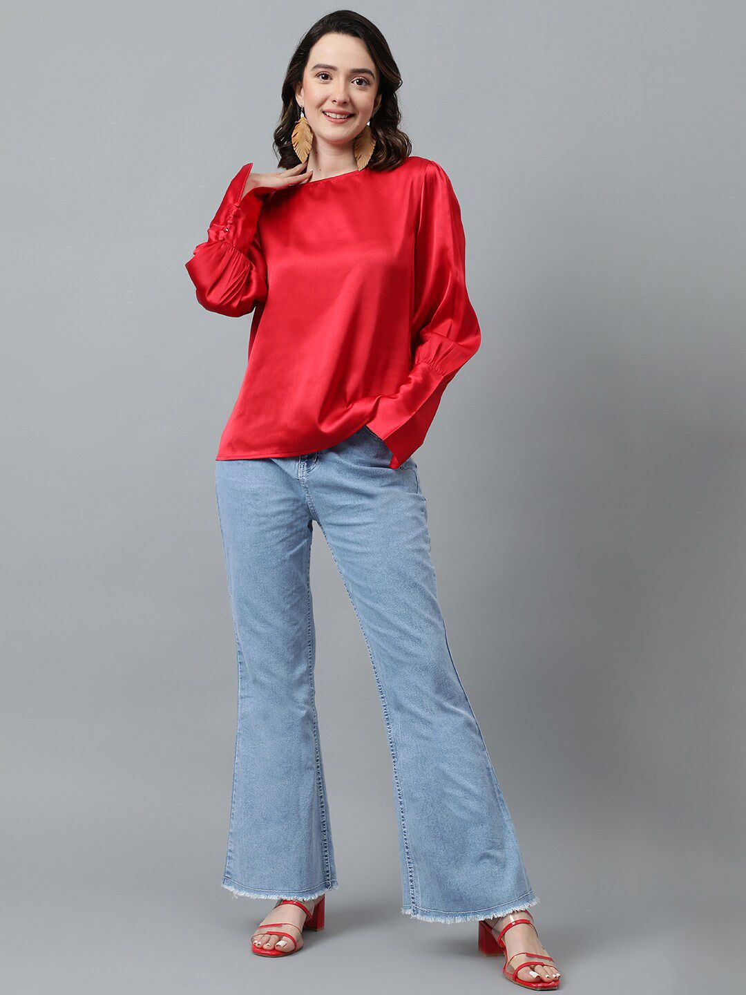 Kotty Red Cuffed Sleeves Satin Top