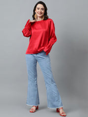 Kotty Red Cuffed Sleeves Satin Top